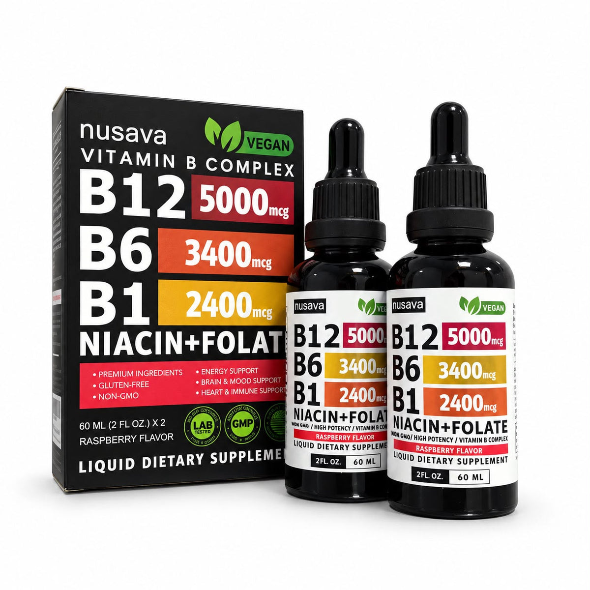 Pack de 2 frascos de gotas de vitamina B12, B6 y B1 con su caja