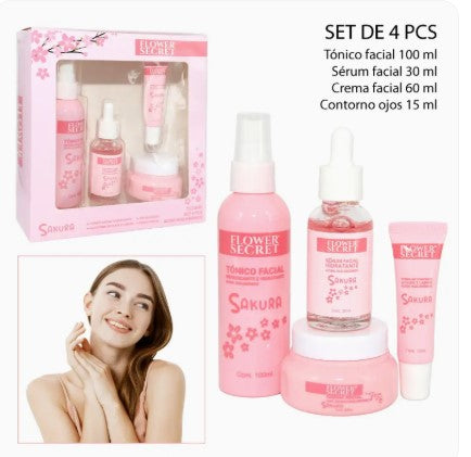 Set de skincare Sakura de 4 piezas: tónico, sérum, crema y contorno de ojos
