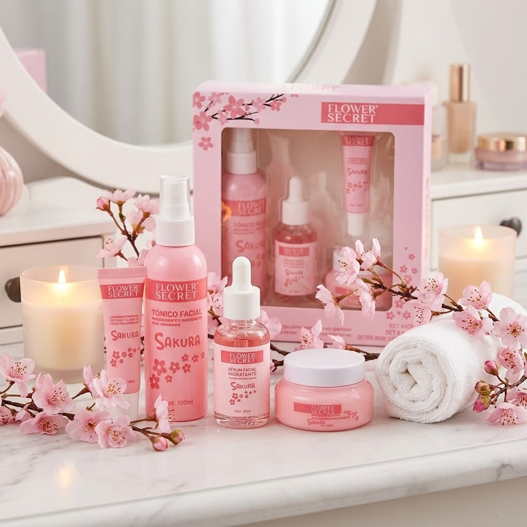 Set de skincare Sakura con flores de cerezo en un tocador