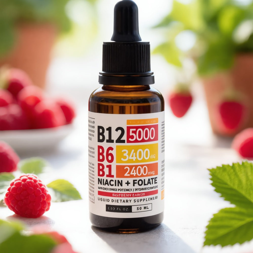 Frasco de gotas de vitamina B12 con frambuesas frescas