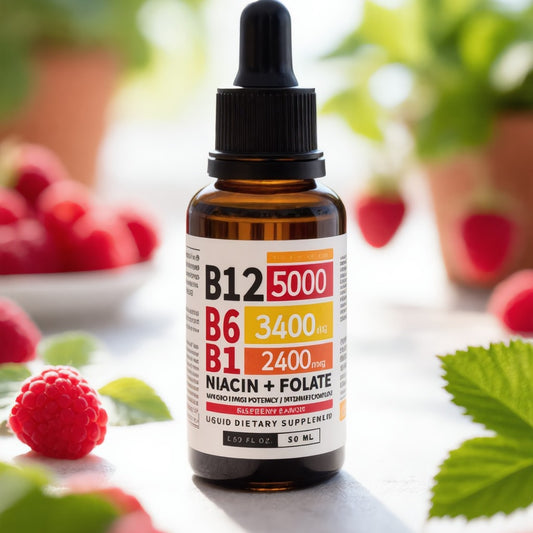 Frasco de gotas de vitamina B12 con frambuesas frescas
