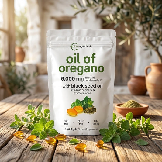 Bolsa de aceite de orégano con hojas frescas y cápsulas
