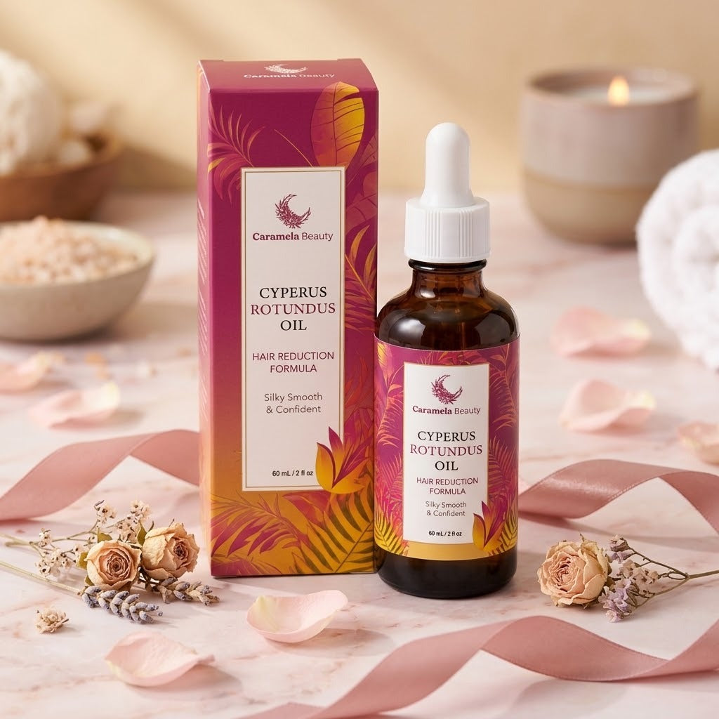 Aceite de Cyperus rotundus con su caja sobre mármol rosado con pétalos