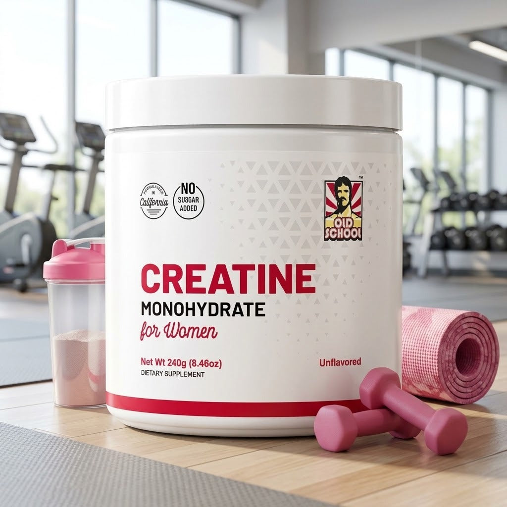 Pote de creatina para mujeres con shaker, mancuernas rosadas y mat de yoga