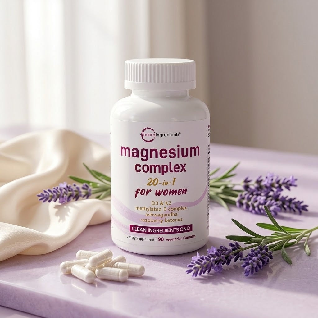Frasco de magnesio para mujeres con lavanda y cápsulas