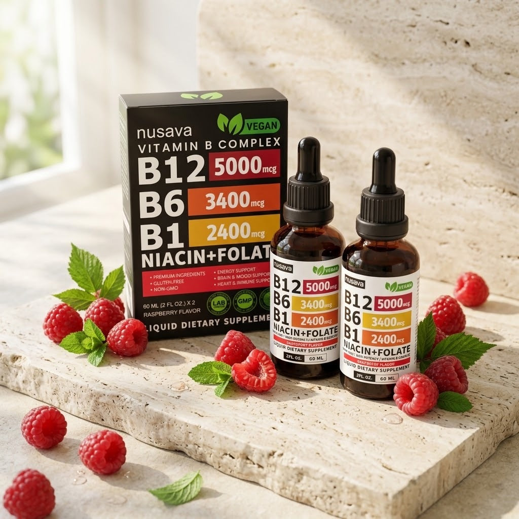 Pack de 2 frascos de vitamina B12 con su caja y frambuesas